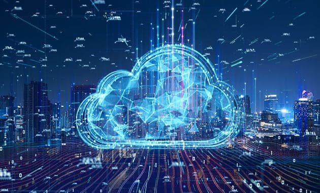 Wireframe cloud over a night city skyline