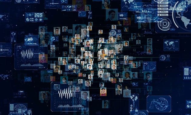Grid of user portraits linked across a network, scaling to more instances