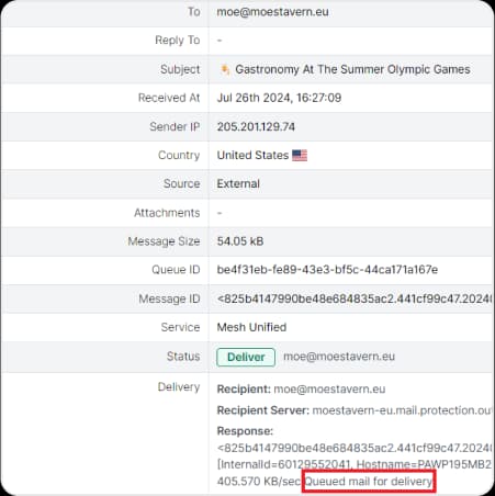 Message detail view listing sender, source IP, country, size and the delivery response from the receiving server