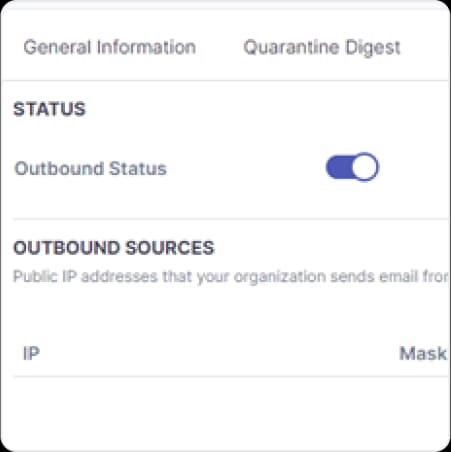 Outbound status settings with the outbound sources list of public IP addresses the organisation sends email from