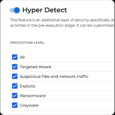 HyperDetect policy panel with protection levels for targeted attack, suspicious files and network traffic, exploits, ransomware and grayware