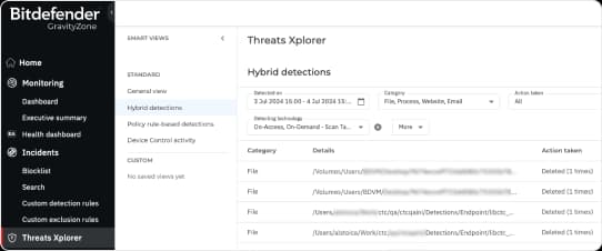Threats Xplorer showing hybrid detections filtered by date, category and detecting technology, with the action taken on each file