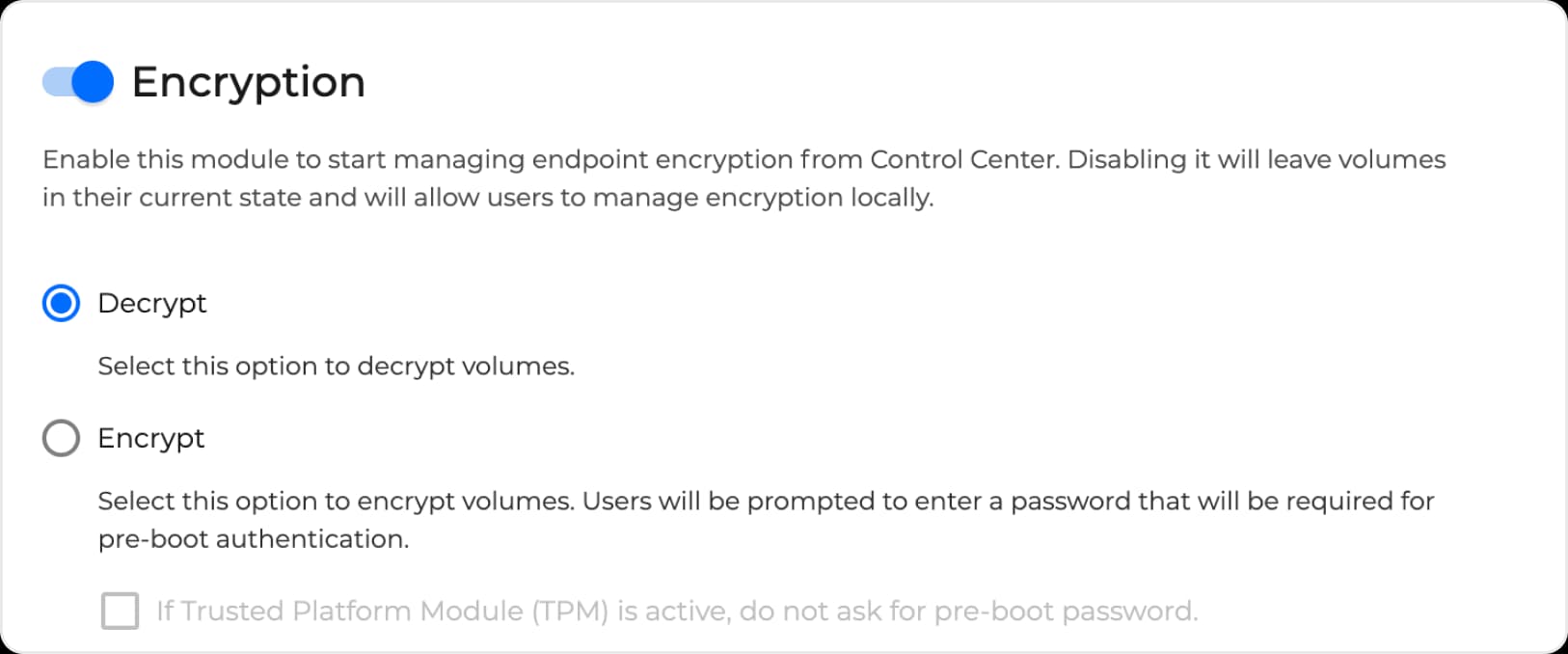 GravityZone policy Encryption module switched on, with Decrypt and Encrypt options and a checkbox to skip the pre-boot password when a Trusted Platform Module is active
