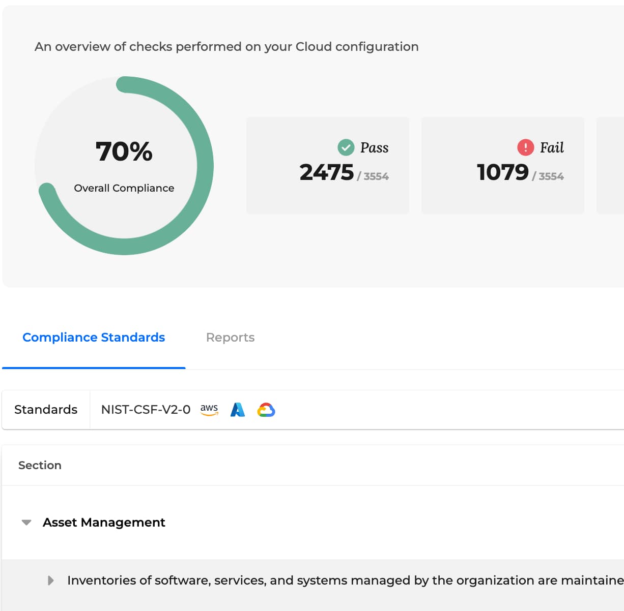 GravityZone CSPM+ compliance framework assessment view