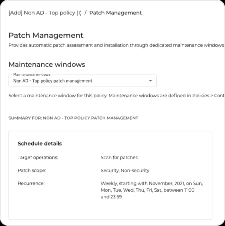 Patch Management policy page showing a maintenance window with target operations, patch scope covering security and non-security, and a weekly recurrence schedule