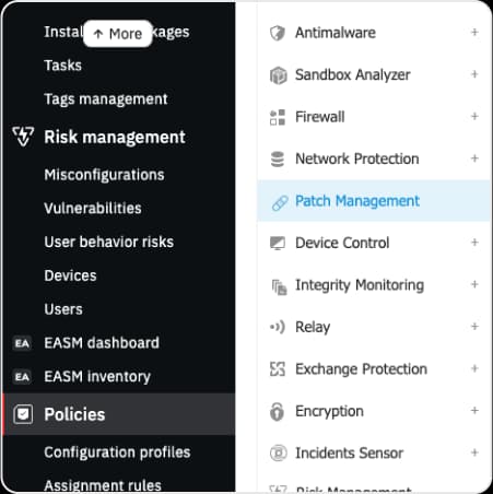 GravityZone policy module list with Patch Management selected alongside Antimalware, Sandbox Analyzer, Firewall, Network Protection, Device Control, Integrity Monitoring, Relay and Encryption