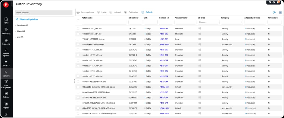 GravityZone Patch inventory listing patches with KB number, CVE count, Bulletin ID, severity, OS type, category and affected products, with Install, Uninstall and Ignore actions