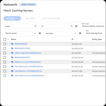 GravityZone Network view filtered to the Patch Caching Server role, listing relay endpoints with their IP addresses and entity type