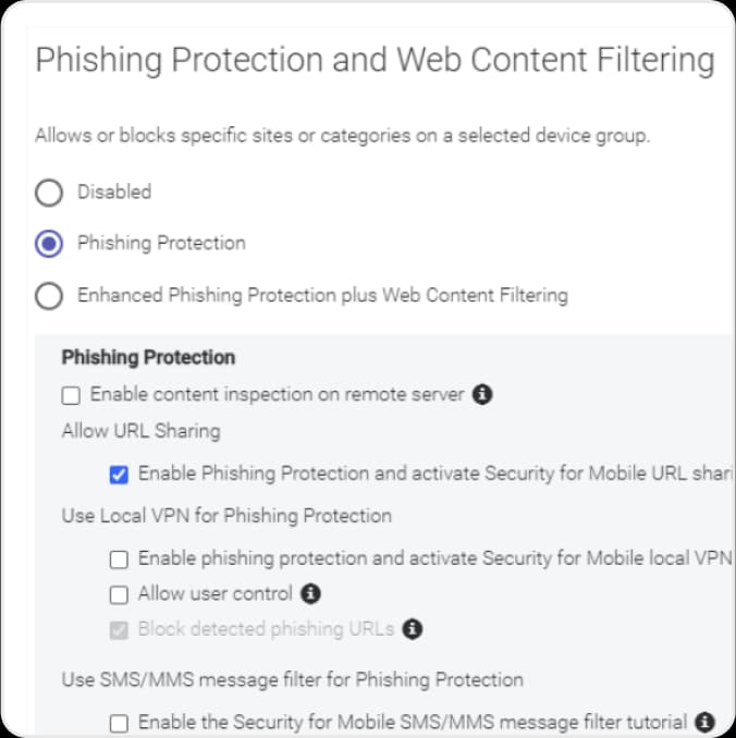 GravityZone policy panel for Phishing Protection and Web Content Filtering, with options for content inspection, URL sharing, local VPN and an SMS and MMS message filter
