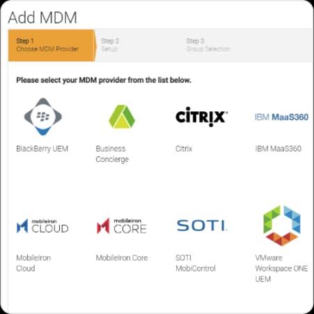 GravityZone Add MDM wizard listing BlackBerry UEM, Business Concierge, Citrix, IBM MaaS360, MobileIron Cloud, MobileIron Core, SOTI MobiControl and VMware Workspace ONE UEM as providers