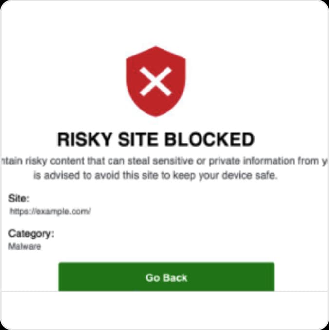 On-device Risky Site Blocked screen naming the blocked address and its Malware category, with a Go Back button