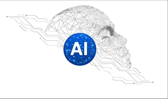 ภาพประกอบเส้นโครงศีรษะพร้อมป้าย AI สื่อถึง machine learning ในความปลอดภัยทางไซเบอร์