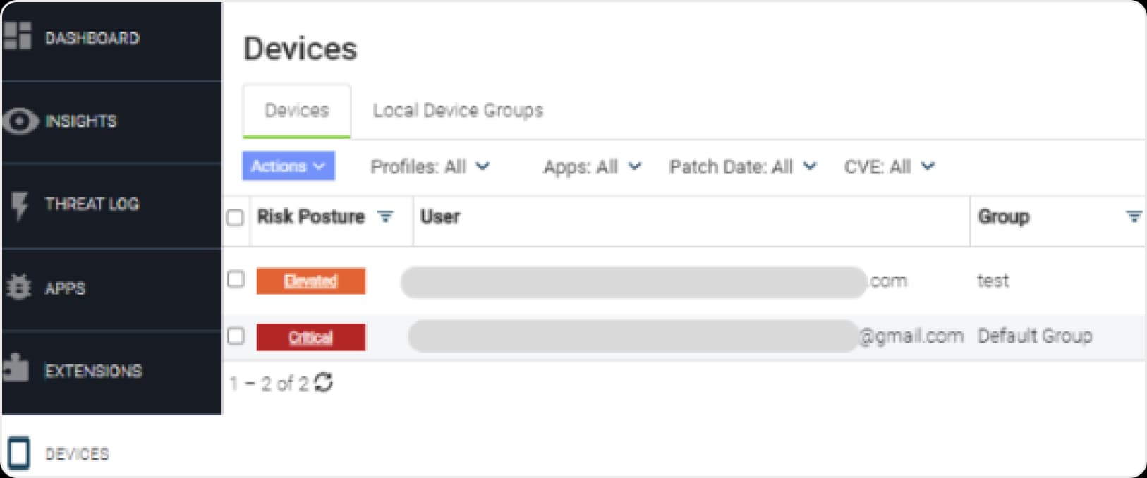 GravityZone Devices list showing each device's risk posture as Elevated or Critical, with filters for profiles, apps, patch date and CVE